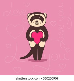 Cute ferret with heart. Valentine's Day postcard. Vector illustration