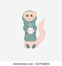 Cute ferret sitting on the floor and holding cup of tea or coffee in hands. Smiling ferret character wearing a hoodie and sneakers with the mug of hot tea. Animal cartoon character illustration