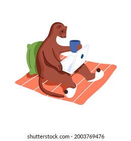 Cute ferret using laptop, sitting on bed with tea cup. Funny weasel working online from home. Adorable animal resting with computer. Colored flat vector illustration isolated on white background.