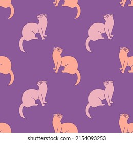 Cute ferrets on purple background, vector seamless pattern