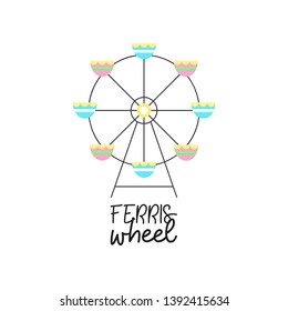 Cute ferris wheel vector graphic illustration icon. Funfair, carnival, circus amusement with writing, text. Isolated.