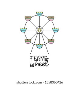 Cute ferris wheel vector outlined illustration icon.  
