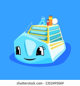 Cute ferry or cruise liner with eyes and smile. Marine transport cartoon vector illustration. Oceanic cruiseliner character. Nautical mascot. Summer vacation travel logo or symbol. Smiling ship icon