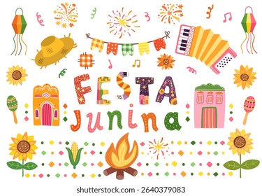 Cute Festa Junina vector set with graphics - accordion, corn, text, fire, straw hat for banners, posters