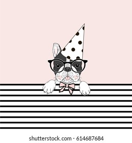 cute festal french bulldog, hand drawn graphic, animal illustration