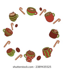 Cute festival cups with hot drinks like coffee, hot chocolate, cocoa. Flat mug illustration in cozy shades. Decorated with coffee beans, candy cane, whipped cream.