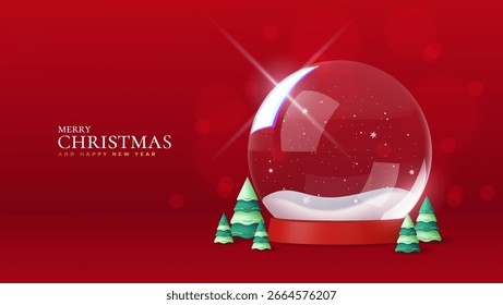 Lindo y festivo globo de nieve 3D con abetos. El fondo rojo de las vacaciones lo hace perfecto para los Anuncios de las Navidades, los carteles, o las exhibiciones del producto. Estilo de Vector.