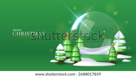 Cute and festive 3D snow globe with fir trees. Green holiday background makes it perfect for Christmas banners, posters, or product displays. Vector style.