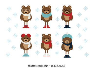 Cute Festive Animal Winter Brown Bears in Boots, Scarves, Hats, and Glasses with Christmas Snowflakes 