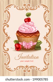 Cute festive background with cherry cupcake, cream and chocolate. Vector illustration.