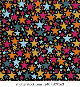 Cute festive background with colorful falling stars. Holiday seamless pattern. Ornament for gift wrapping paper, fabric, clothes, textile, surface textures, scrapbook. Vector illustration.