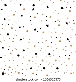 Cute festive background with gold and black falling stars. Holiday seamless pattern. Ornament for gift wrapping paper, fabric, clothes, textile, surface textures, scrapbook. Christmas star.