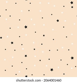 Cute festive background with gold falling stars. Holiday seamless pattern. Ornament for gift wrapping paper, fabric, clothes, textile, surface textures, scrapbook. Christmas star. Vector illustration.