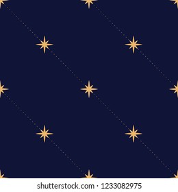 Cute festive background with gold stars. Holiday seamless pattern. Christmas star. Ornament for gift wrapping paper, fabric, clothes, textile, surface textures, scrapbook. Vector illustration.