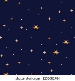 Cute festive background with gold stars. Holiday seamless pattern. Christmas star. Ornament for gift wrapping paper, fabric, clothes, textile, surface textures, scrapbook. Vector illustration.