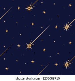 Cute festive background with gold stars and comets. Holiday seamless pattern. Christmas star. Ornament for gift wrapping paper, fabric, clothes, textile, surface textures, scrapbook. Vector illustrati