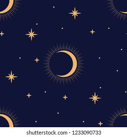 Cute festive background with gold stars and moons. Holiday seamless pattern. Christmas star. Ornament for gift wrapping paper, fabric, clothes, textile, surface textures, scrapbook. Vector illustratio