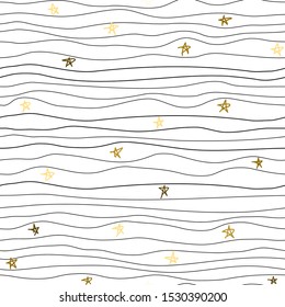 Cute festive background with gold stars. Christmas star. Holiday seamless pattern.  Ornament for gift wrapping paper, fabric, clothes, textile, surface textures, scrapbook.