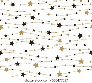 Cute festive background with gold stars. Holiday seamless pattern. Christmas star. Ornament for gift wrapping paper, fabric, clothes, textile, surface textures, scrapbook. Vector illustration.