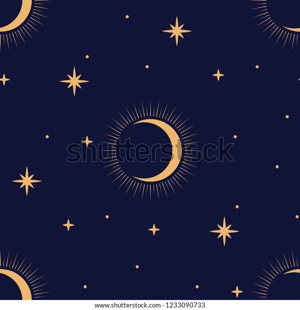 Cute festive background with gold stars and\
moons. Holiday seamless pattern. Christmas star. Ornament for gift\
wrapping paper, fabric, clothes, textile, surface textures,\
scrapbook. Vector\
illustratio