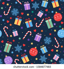 Cute festive background. Holiday seamless pattern, winter decor. Vector illustration.