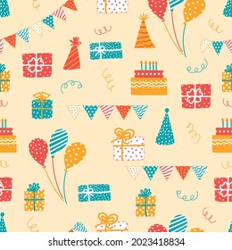Cute festive background. Vector balloons, party caps, cake, check boxes in simple childish hand drawn style. Design of baby gift wrapping, clothes, fabrics, wrapping paper, textiles.