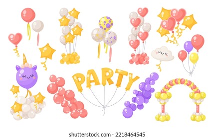 Cute festive balloons for decoration vector illustrations set. Balloons for carnival, festival, birthday party, arch for wedding isolated on white background. Decoration, celebration concept