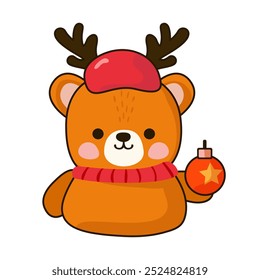 Cute festive bear character Vector illustration Christmas bear with a tree ball in his paw for Christmas and winter Stickers badge for New Year, isolated
