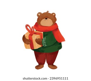 Cute and festive bear with a Christmas present, Watercolor, Vector illustration. Bear in red winter scarf and cozy sweater. Cozy clip art element, perfect for invitation, card, poster banner, sticker
