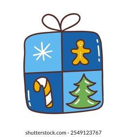 Cute festive blue gift box with gingerbread man, snowflake, Christmas tree and lollipop. Happy New Year. Winter time. Colorful vector isolated illustration hand drawn doodle. Holiday present