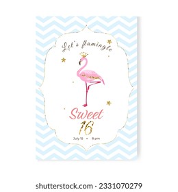 Carta dulce dulce dulce dieciséis con flamingo, brillantes dorados y estrellas. Tarjeta de plantilla. Ilustración del vector