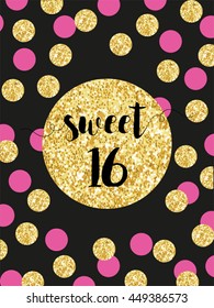 Cute festive bright sweet sixteen card with golden glitter confetti for your decoration