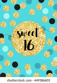 Cute festive bright sweet sixteen card with golden glitter confetti for your decoration