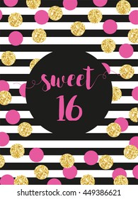 Cute festive bright sweet sixteen card with golden glitter confetti for your decoration