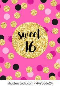 Cute festive bright sweet sixteen card with golden glitter confetti for your decoration