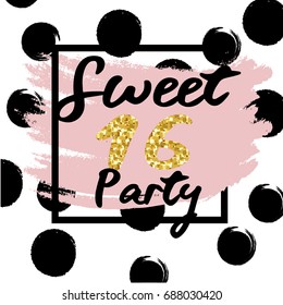 Cute festive bright sweet sixteen card with golden glitter confetti for your decoration