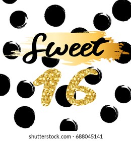 Cute festive bright sweet sixteen card with golden glitter confetti for your decoration