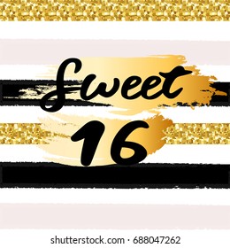 Cute festive bright sweet sixteen card with golden glitter confetti for your decoration