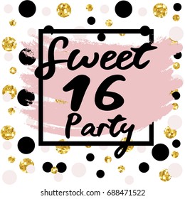 Cute festive bright sweet sixteen card with golden glitter confetti for your decoration