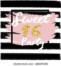 Cute festive bright sweet sixteen card with golden glitter