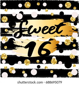 Cute festive bright sweet sixteen card with golden glitter
