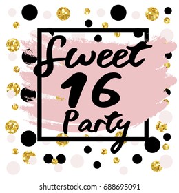 Cute festive bright sweet sixteen card with golden glitter