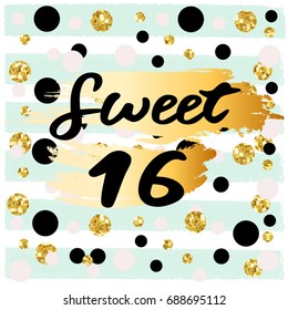 Cute festive bright sweet sixteen card with golden glitter