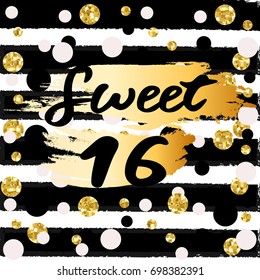 Cute festive bright sweet sixteen card with golden glitter confetti for your decoration