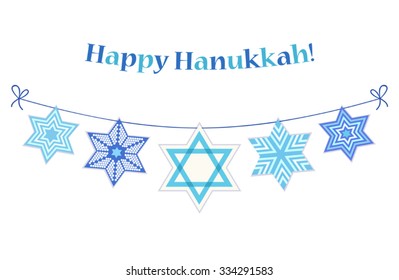 Cute festive bunting Happy Hanukkah with David Stars in traditional colors for your decoration