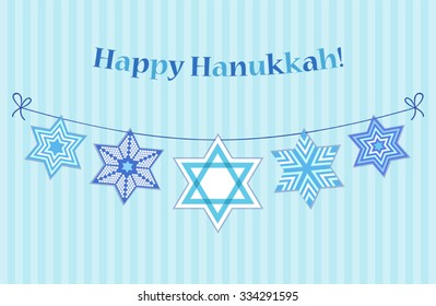 Cute festive bunting Happy Hanukkah with David Stars in traditional colors for your decoration