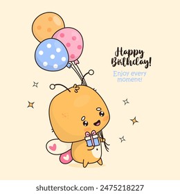 Cute festive butterfly with gift and balloons. Happy birthday card. Funny cartoon insect kawaii character. Vector illustration. Kids collection