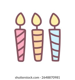 Cute festive candles icon. Three striped candles in pastel colors for celebration design. Kawaii sticker. Vector 10 EPS.