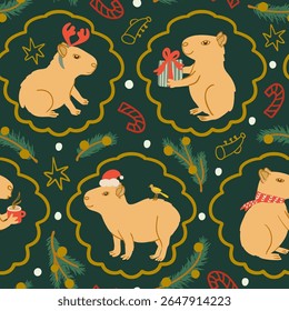 Cute festive capybaras seamless pattern. Funny Christmas animals pattern for paper, fabric design. Capybara with Santa hat, scarf, mug, antlers surrounded by pine branches, candy canes and stars.