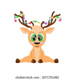 Cute festive cartoon deer with glowing garland on horns sitting and smiling. Cheerful fawn isolated. Vector illustration.